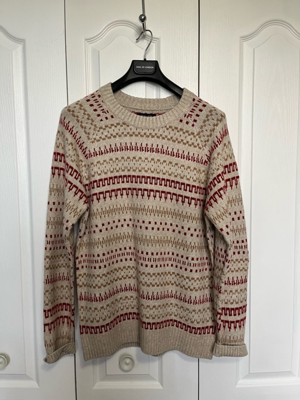 RW&CO. Beige Fair Isle Crewneck Sweater with Red Accents
